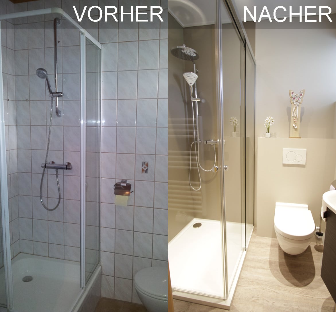 Vorher Nacher Bild einer Dusche mit Schiebetüren