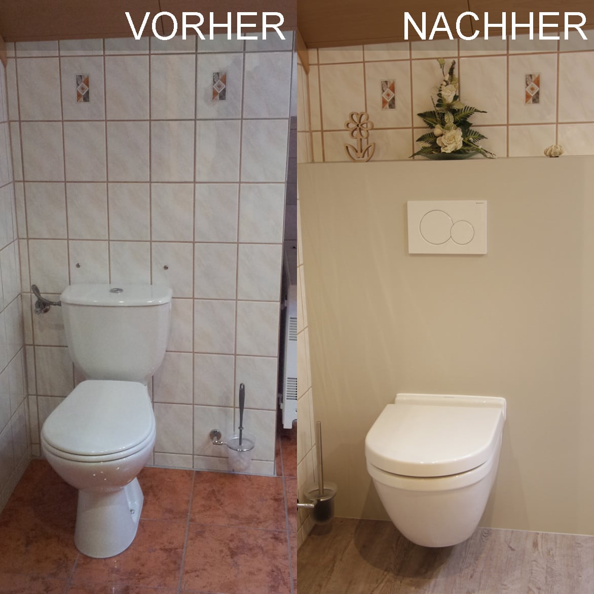 WC vorher nachher mit verdecketem Spülkasten und Wandverkleidung